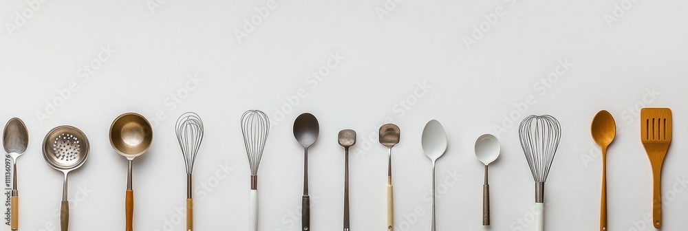 Poster a carefully arranged flat lay of kitchen utensils features spatulas, whisks, and spoons on a white b