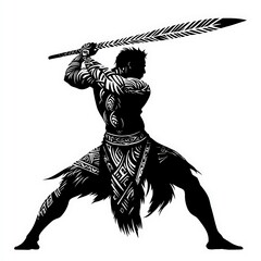 Silhouette of a Polynesian Warrior with Tribal Tattoos Wielding a Spear.