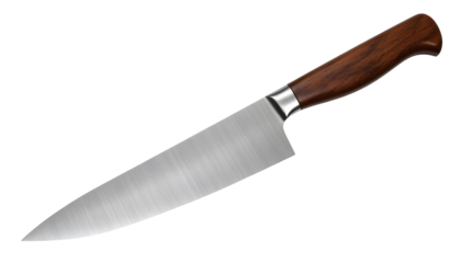 kitchen knife with a sharp stainless steel blade and an ergonomic wooden isolated on transparent background