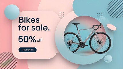 A bicycle advertising banner design in blue and pink color background