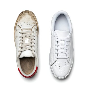 A dirty white sneaker and a clean white sneaker isolated on white background