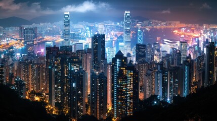 Fototapeta premium A panoramic view of a bustling cityscape at night with illuminated skyscrapers and busy streets, Urban scene, Dynamic and vibrant style