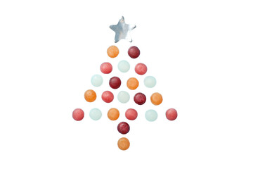 Happy New Year, round colorful candies laid out in the shape of a Christmas tree, created with Generative AI technology, PNG