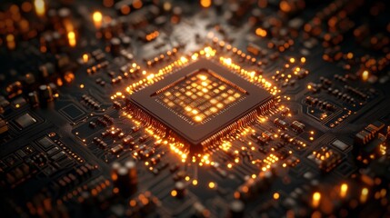 Obraz premium Close-up of a high-tech circuit board with glowing microchips and intricate gold wiring, set against a dark, high-contrast background, showcasing precision, modern technology, and innovation.