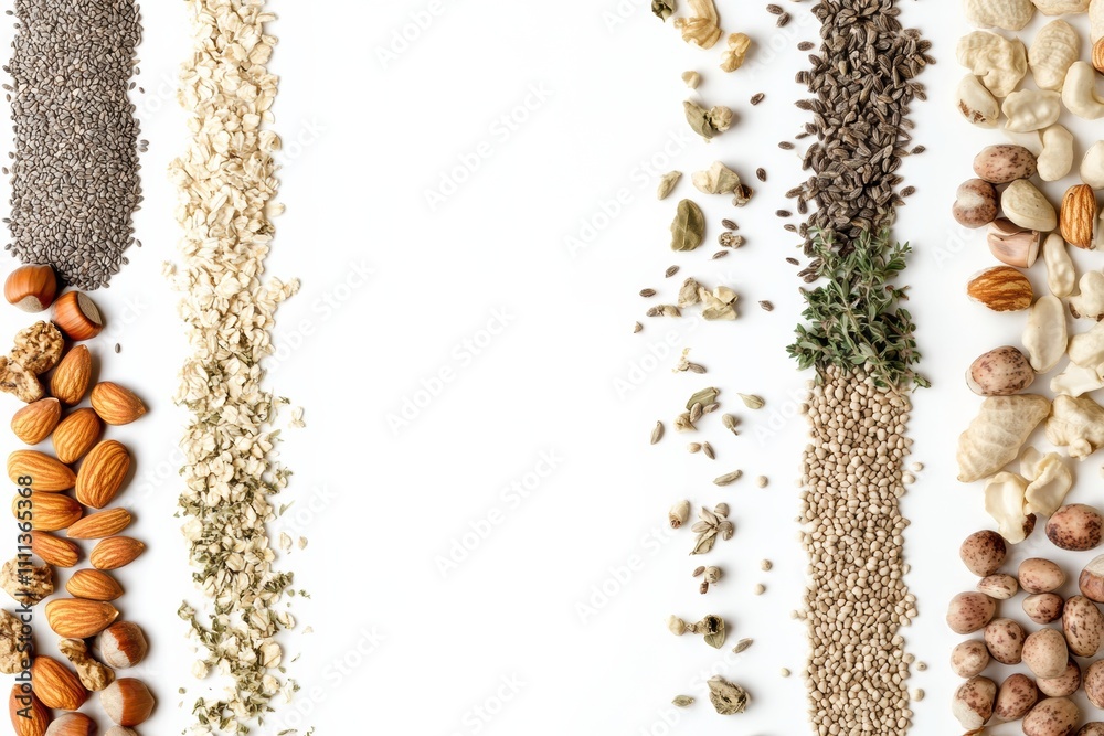 Poster various organic nuts, seeds, and herbs are displayed on a white background, providing ample space fo