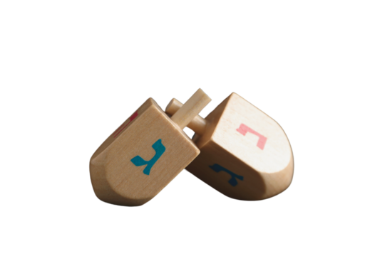 Happy Hanukkah, wooden dreidels close up, created with Generative AI technology, PNG