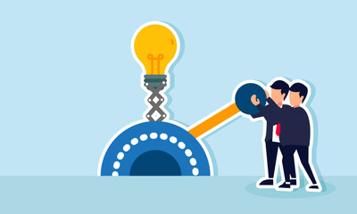 Two businessmen collaborate pulling a lever that moves a light machine, illustration of teamwork in implementing business ideas and innovations