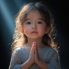 Fototapeta premium Young Girl with Hands in Prayer Position Illuminated by Light