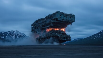 Surreal Scene of Floating Abandoned Structure with Fiery Lights Against a Gloomy Mountain Landscape During Dusk in a Mysterious Atmosphere