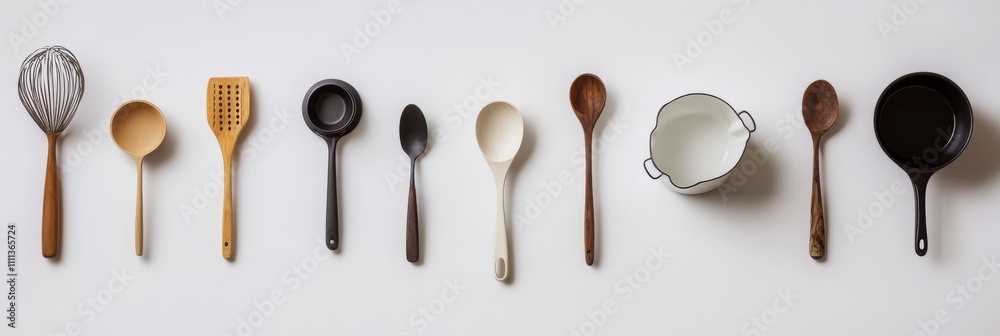 Aufkleber An array of kitchen utensils including spatulas and whisks is neatly arranged on a white surface, providing ample space for recipes or tips. Generative AI