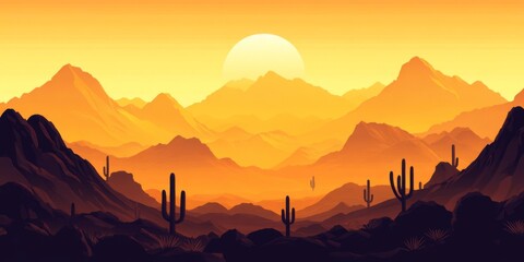 Fototapeta premium Golden Hour Desert Sunset Majestic Mountain Range Cactus Silhouette