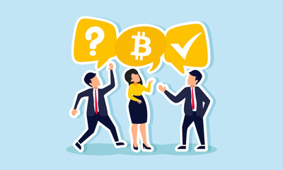 Businesspeople gathered with individual dialog boxes labeled with bitcoin symbols, question marks, and check marks, illustration of sharing bitcoin investment strategies