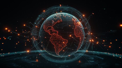 Obraz premium Global Network Connection Visualization with Energetic Particles