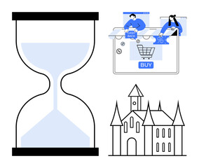 Fototapeta premium Hourglass indicating time, online shopping with cashback and discounts, medieval castle. Ideal for e-commerce promotions, time management, loyalty programs, historical themes, technology, finance