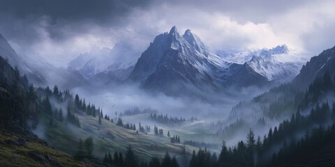 Obraz premium Misty Mountain Peaks Foggy Valley Scenic Landscape Nature Photography