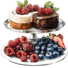 Watercolor illustration of delicious mini cakes with chocolate and vanilla frosting, topped with fresh raspberries, served on a two-tiered cake stand with blueberries and strawberries.