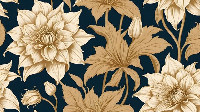 Vintage luxury seamless floral background with golden dahlias and amaryllis flowers. Romantic pattern template for wall decor, wallpaper, wedding invitations, ceremonies, cards.