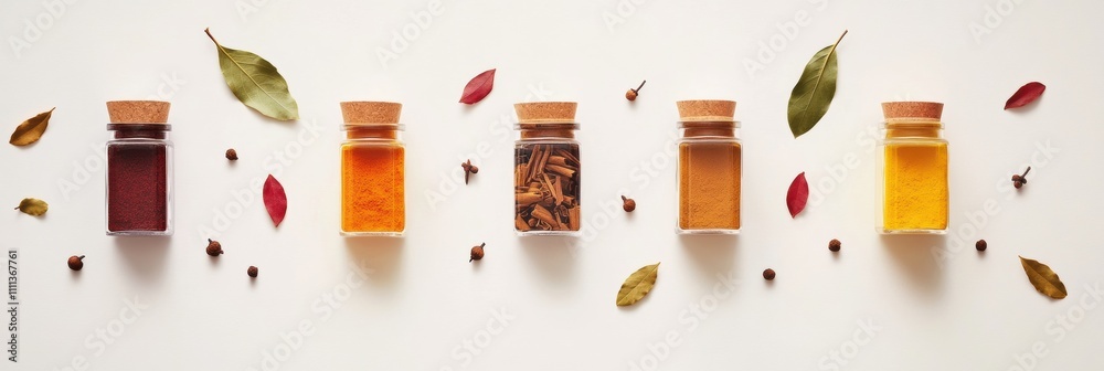 Poster a variety of small jars filled with colorful spices sits alongside bay leaves and cinnamon sticks, o