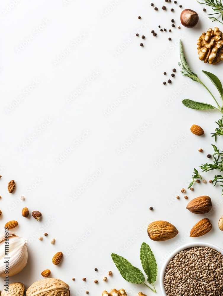 Aufkleber assorted organic seeds, nuts, and fresh herbs create a natural border on a white background, providi