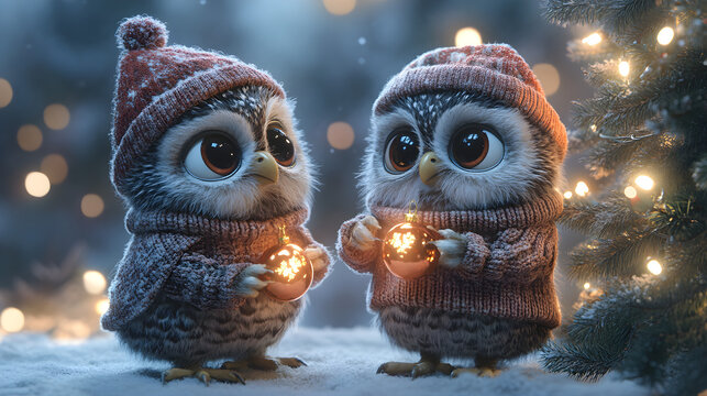 Oiseaux chaleureux et lumineux devant arbre de No&euml;l orn&eacute;