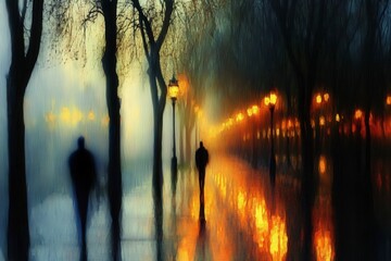 Obraz premium Rainy Urban Street with Colorful Reflections