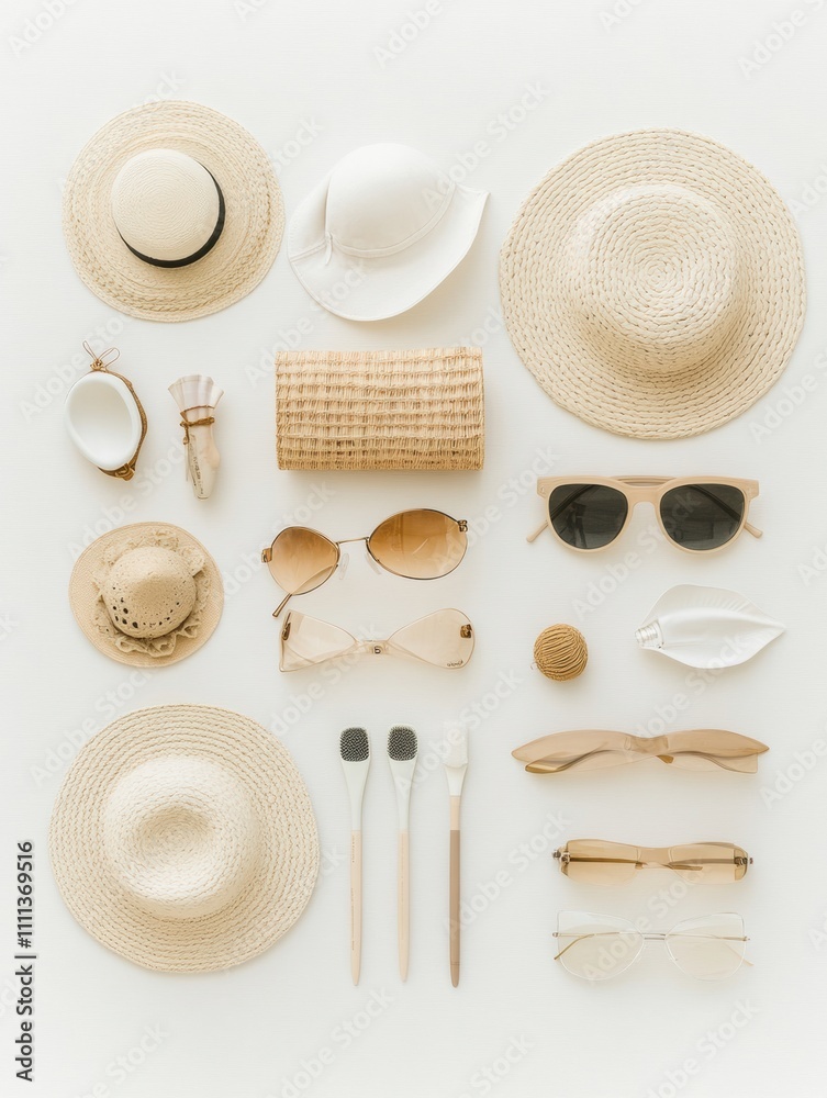 Aufkleber brightly colored summer accessories like sunglasses and sunscreen are neatly arranged on a white bac