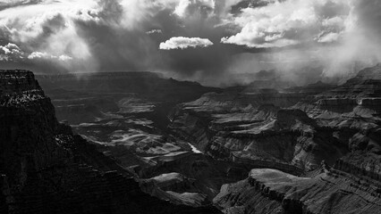 MARCH 28, 2023, SOUTH RIM OF GRAND CANYON NATIONAL PARK, ARIZONA, USA - fresh snow falls on Grand Canyon South Rim