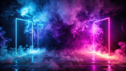 Naklejka premium Dark abstract background with smoke and neon light , empty room, mysterious, moody, atmosphere, ambiance, foggy