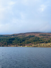 A calm lake framed by dense forested hills under a soft, overcast sky, showcasing natural tranquility