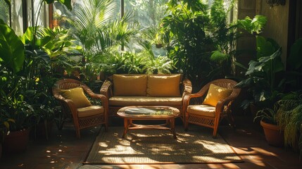 Fototapeta premium A cozy seating area surrounded by lush greenery in a tranquil indoor space.