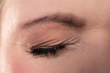 Obraz premium An elegant and artistic closeup of a female eye adorned with soft, subtle makeup that captivates