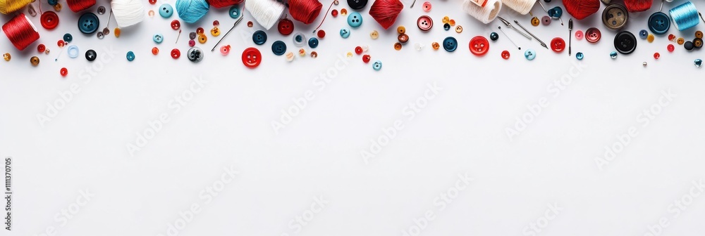 Aufkleber Colorful threads, buttons, and sewing needles are arranged on a white surface, creating a vibrant display perfect for craft projects or tutorials. Generative AI