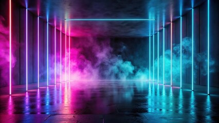Neon abstract scene background with smoke, concrete, reflection , Neon, abstract, scene, background, smoke, concrete