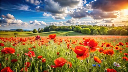 Idyllic spring landscape with beautiful wild poppies blooming in a rural field , poppies, wildflowers, spring, landscape