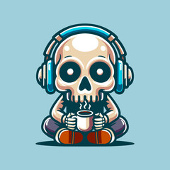 Skull With Headset Drink Coffee Cartoon Vector Art, Illustration and Graphic