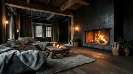 Fototapeta premium Cozy rustic living room with fireplace home interior design warm lighting inviting atmosphere comfort concept