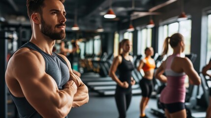A personal trainer leading a fitness class in a modern gym, with exercise equipment and motivated participants, Gym scene
