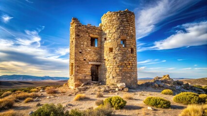 Naklejka premium Ghost town ruins of a stone tower on a clear day, abandoned, ancient, architecture, building, decay, deserted, desolate, empty