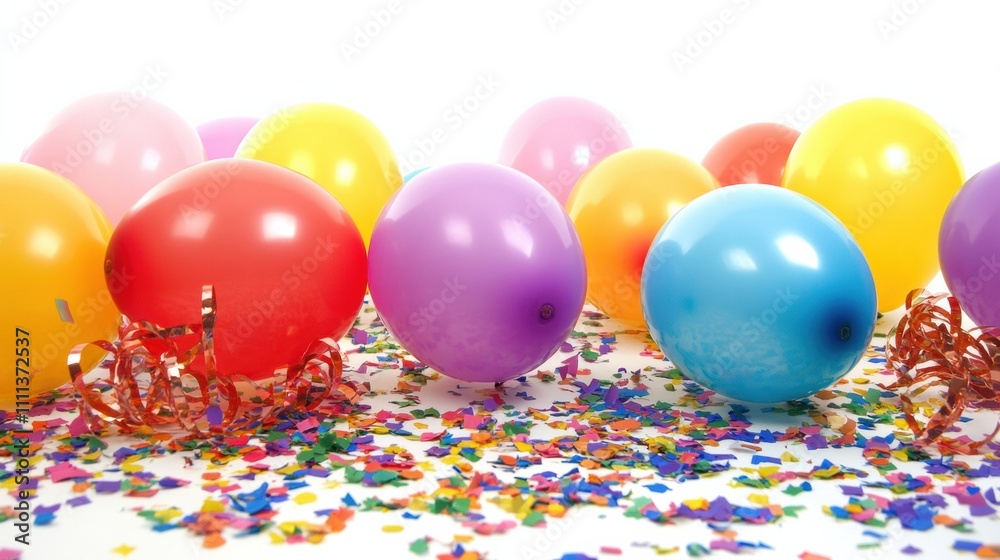 Poster Bright balloons in various colors and sparkling confetti create a fun atmosphere, providing ample space for custom text and party details. Generative AI