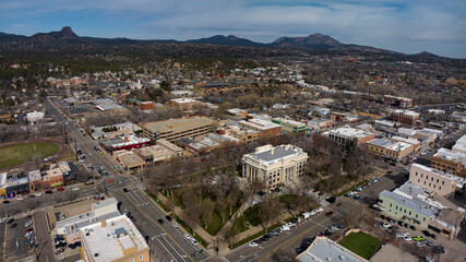 MARCH 28, 2023, PRESCOTT, ARIZONA - USA - drone aerial view of town court house and Main Street of Prescott Arizona