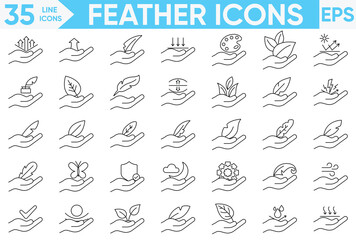 Feather line icons.Vector illustration on white background.Set of quill related vector line icons. Premium linear symbols pack.