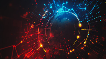 Obraz premium Abstract black background with Colorful circle lines. Digital future technology . Abstract business connection of lines from nodes innovation of communication in the network.