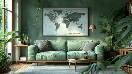 Lush Green Living Room with World Map and Abundant Tropical Plants