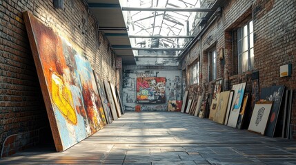 Fototapeta premium An art gallery space with colorful paintings displayed against a brick wall.