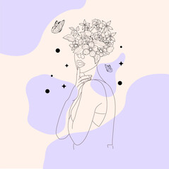 Elegance Woman drawn mono-line floral botanical flower pattern background design