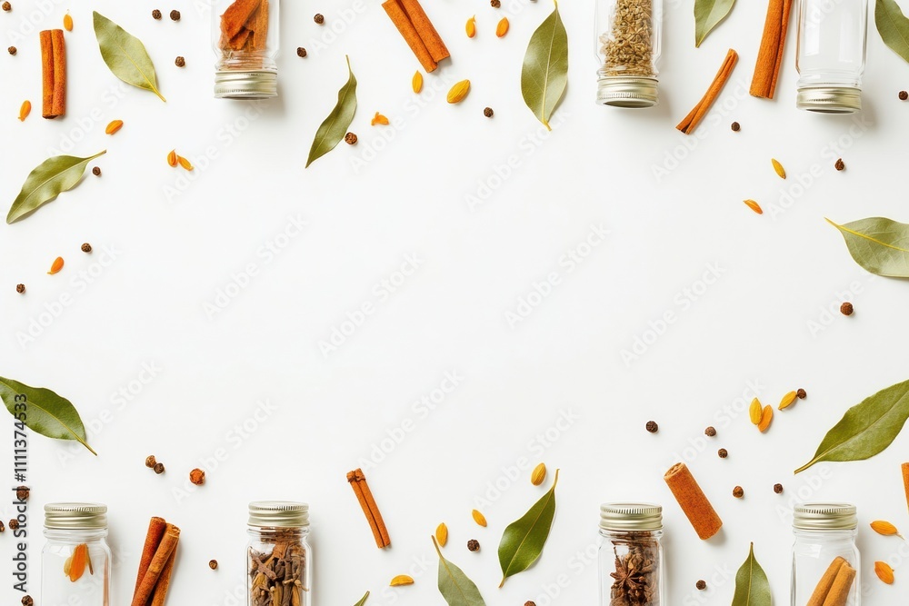 Poster small jars filled with vibrant spices are arranged with bay leaves and cinnamon sticks on a clean wh