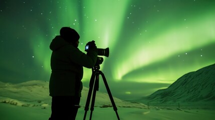 Fototapeta premium A professional photographer capturing the Northern Lights in a remote Arctic location, with camera equipment and stunning aurora borealis display, Northern Lights photography scene