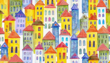 Naklejka premium Abstract seamless pattern with houses Watercolor background.