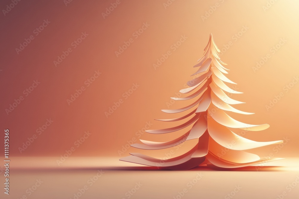 Poster Delicate layered paper forms a Christmas tree, softly illuminated against a warm backdrop, offering blank space for custom messages. Generative AI