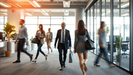 Obraz premium Blurred office with people working in movement